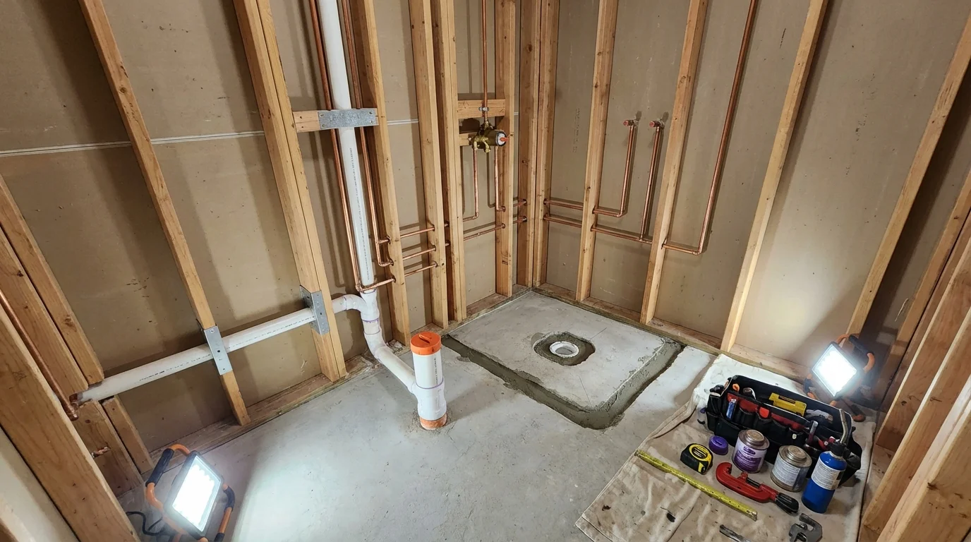 Bathroom rough-in plumbing during remodel by Johns Plumbing LLC in Vienna