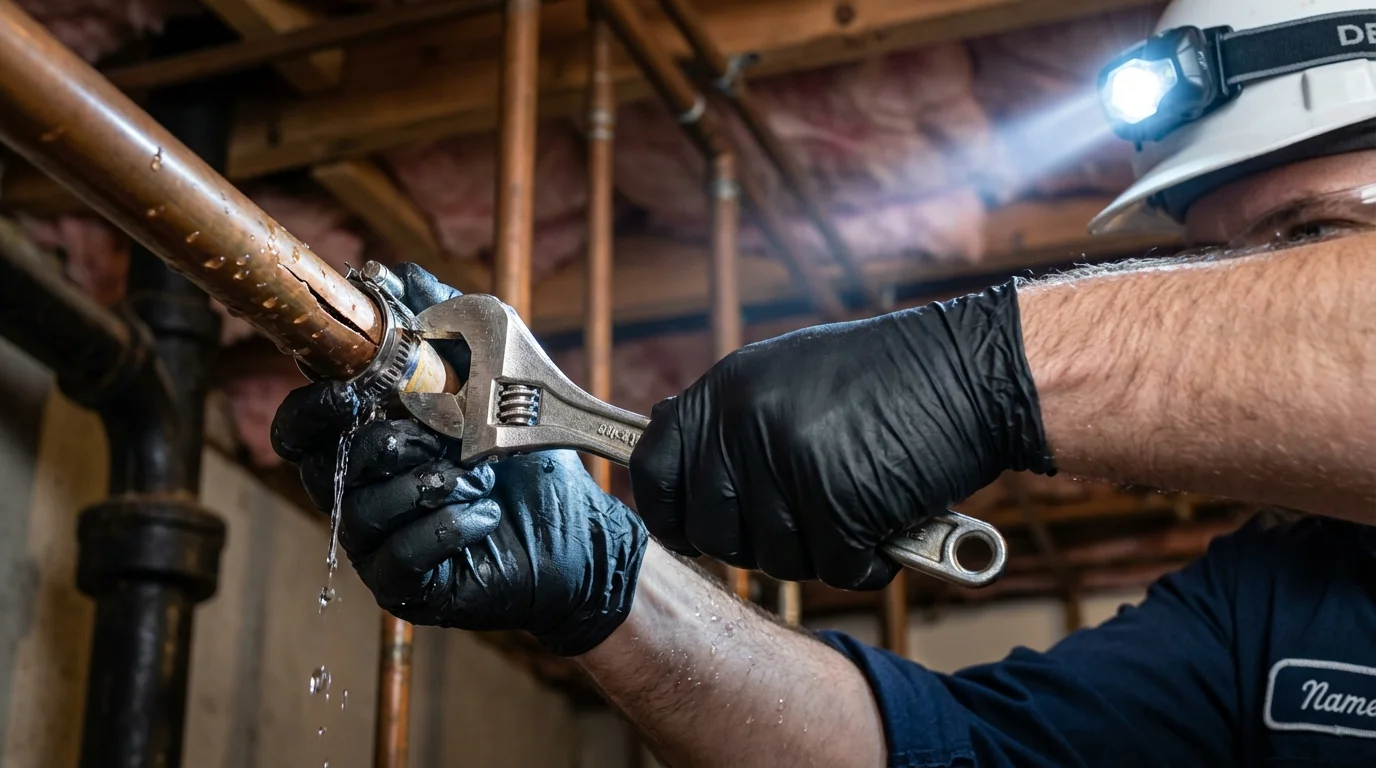 Emergency pipe clamp repair being performed by a Johns Plumbing LLC plumber in Vienna