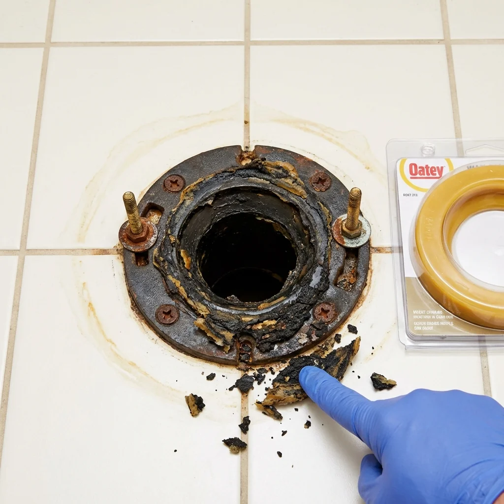 Failed wax ring showing water seepage at the base of a toilet in a Vienna, MO home