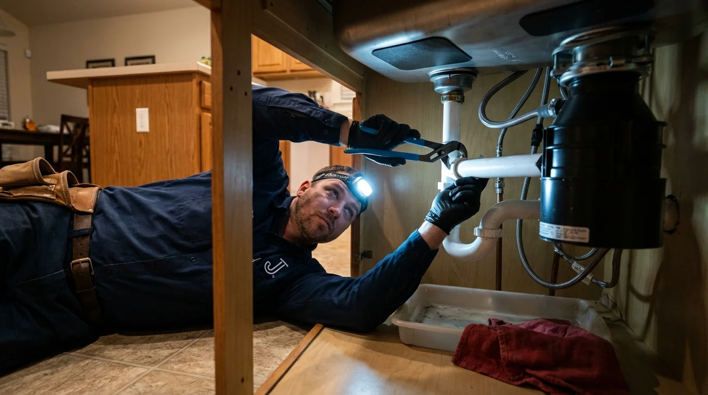 P-trap and supply line connections under a kitchen sink showing a common leak point in Vienna, MO